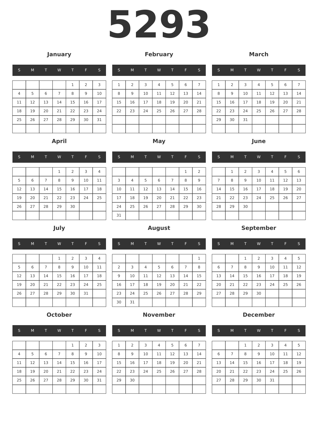 Printable 5293 Year Calendars dark
