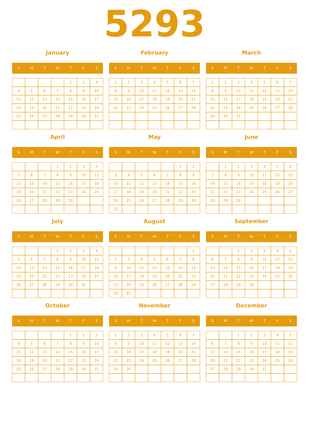 Printable 5293 Year Calendars gamboge