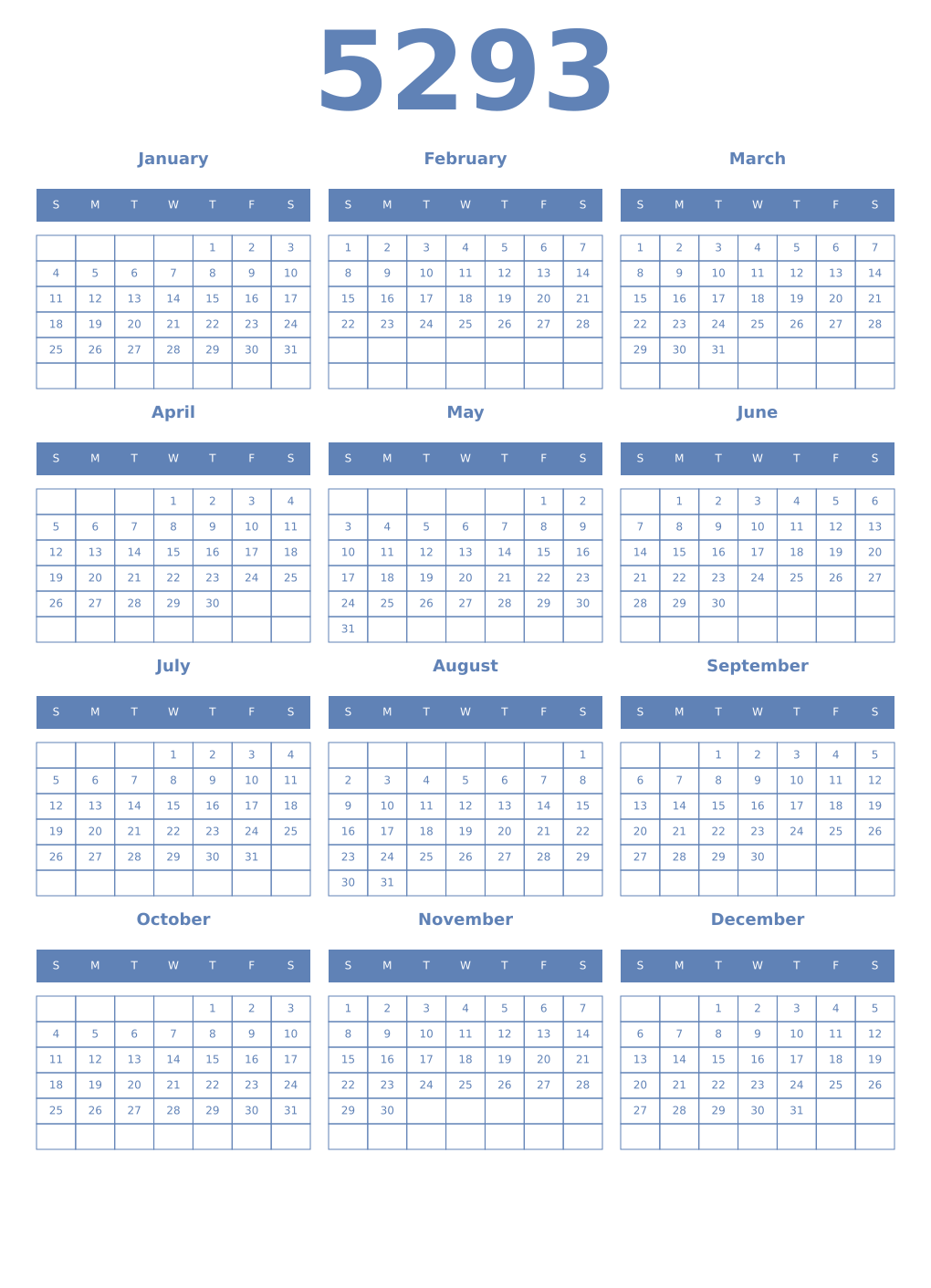 Printable 5293 Year Calendars glaucous