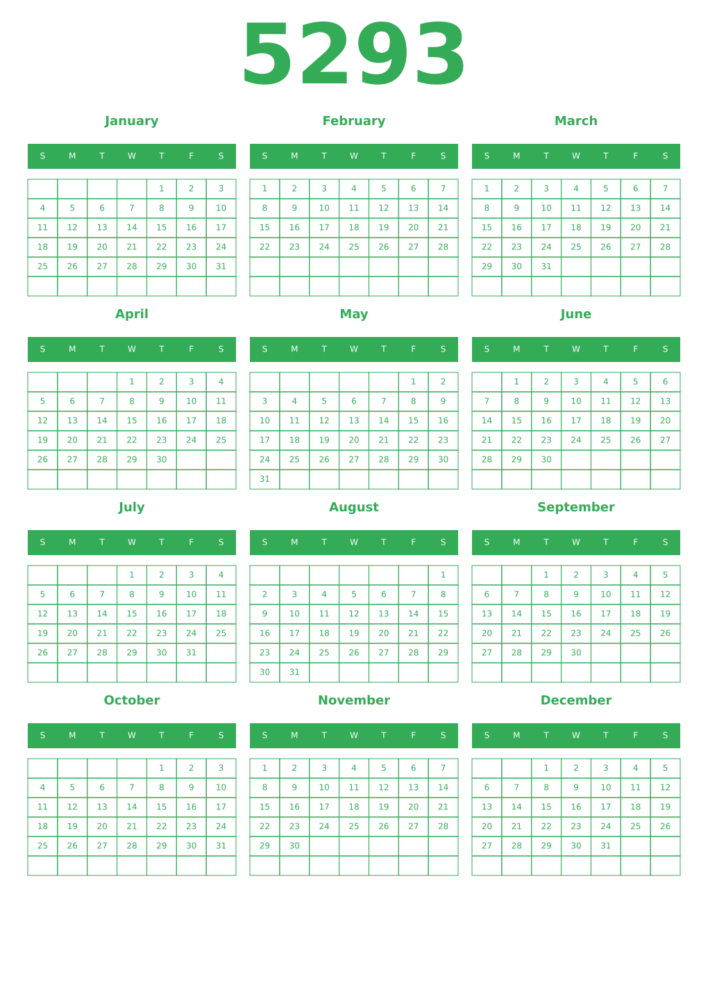 Printable 5293 Year Calendars green