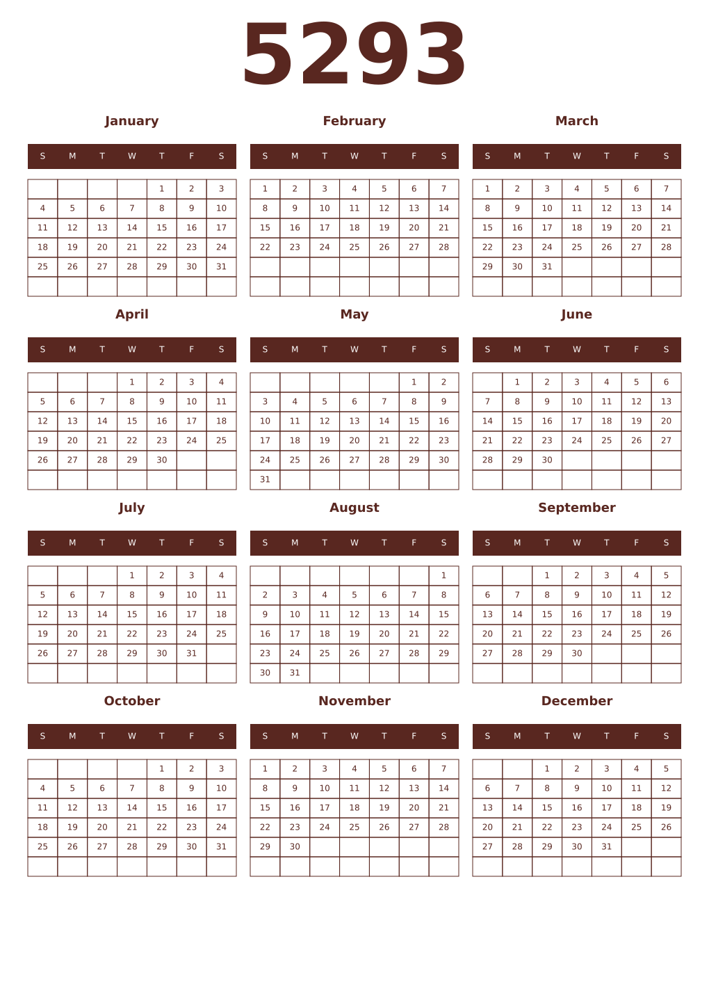 Printable 5293 Year Calendars mortuum