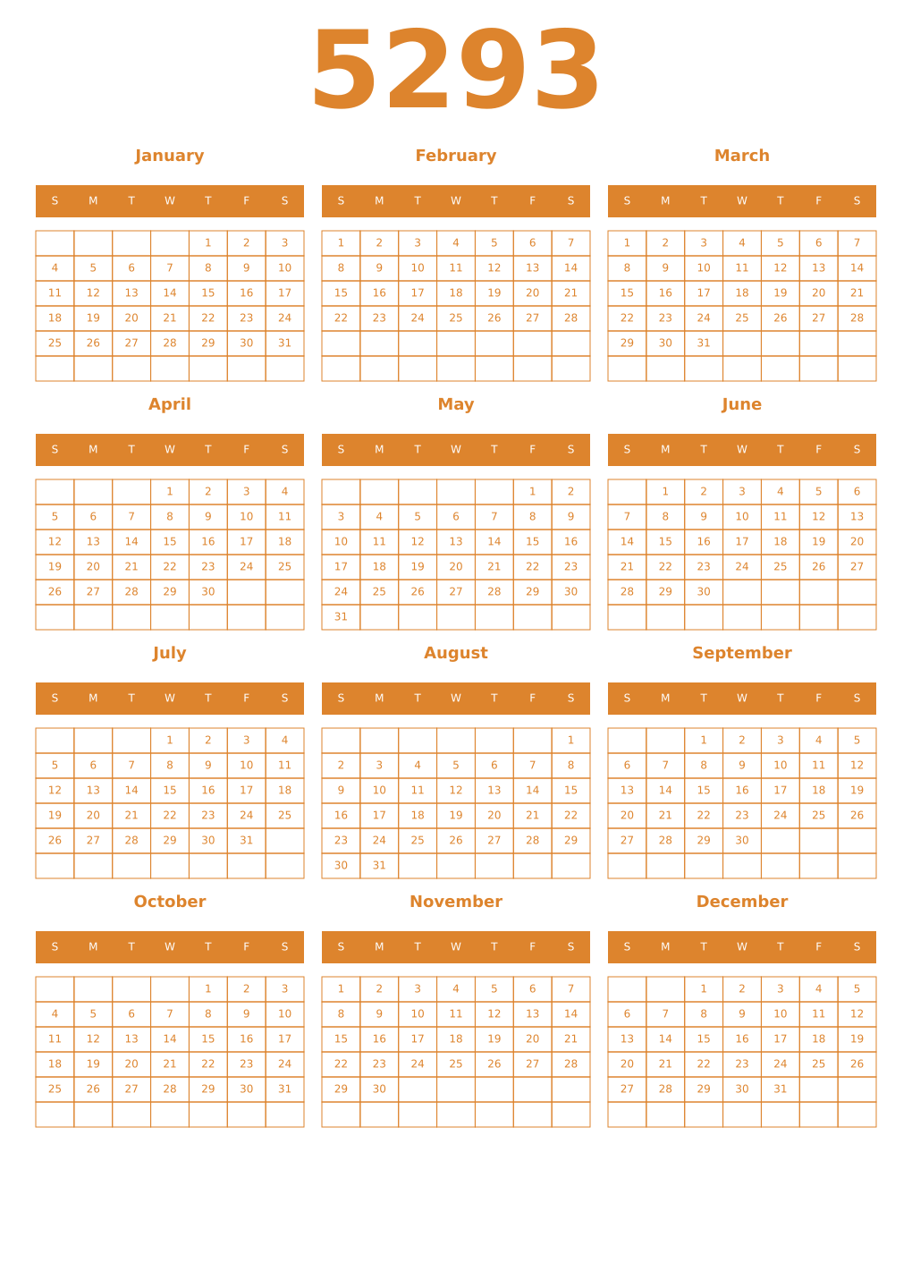 Printable 5293 Year Calendars orange