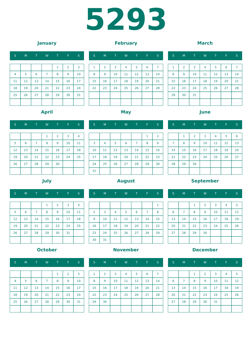 Printable 5293 Year Calendars pastel