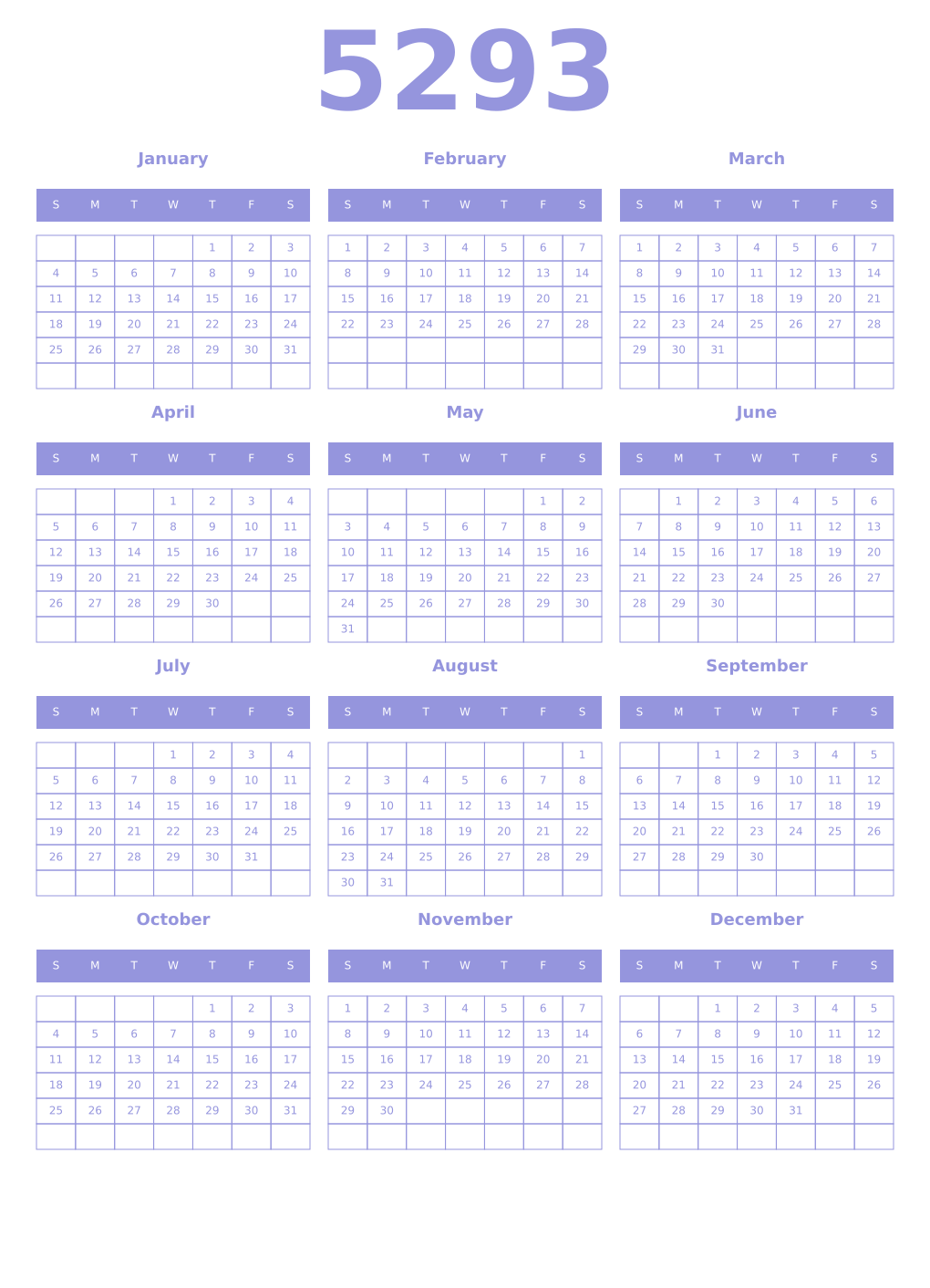Printable 5293 Year Calendars periwinkle