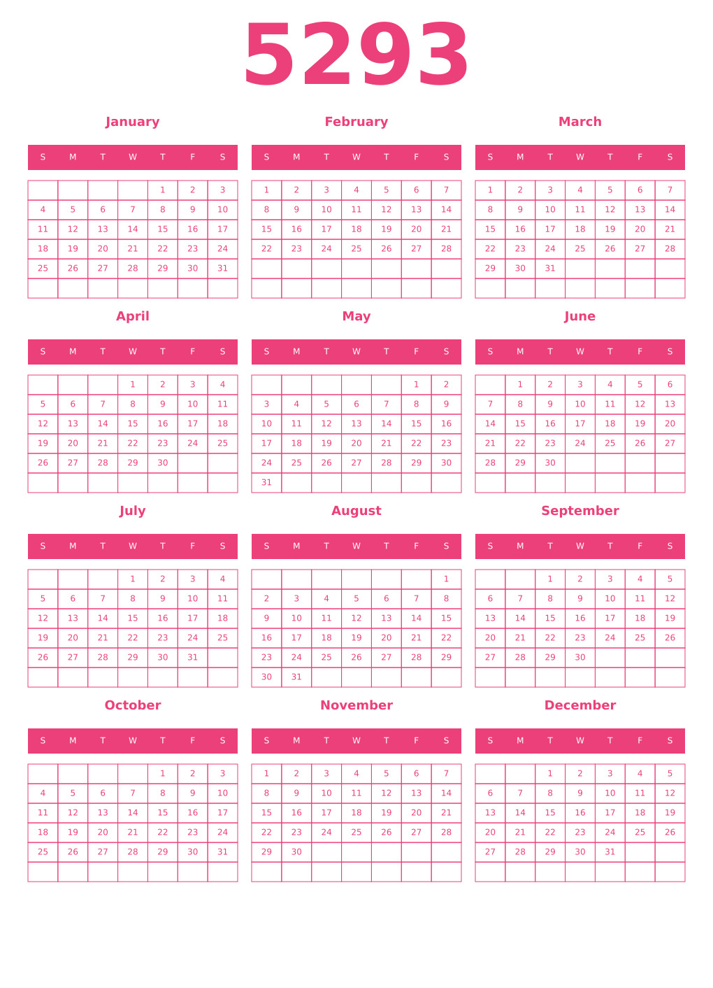 Printable 5293 Year Calendars pink