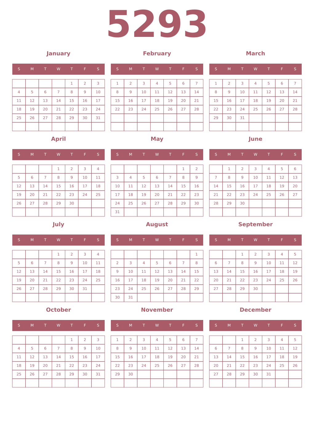 Printable 5293 Year Calendars puce