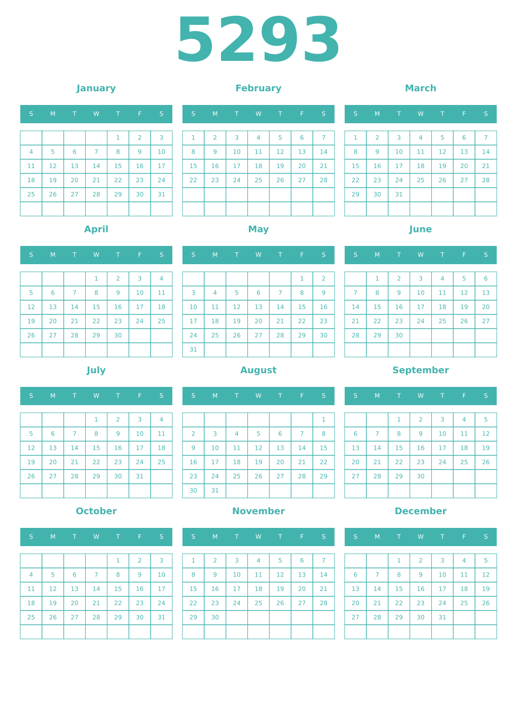 Printable 5293 Year Calendars verdigris