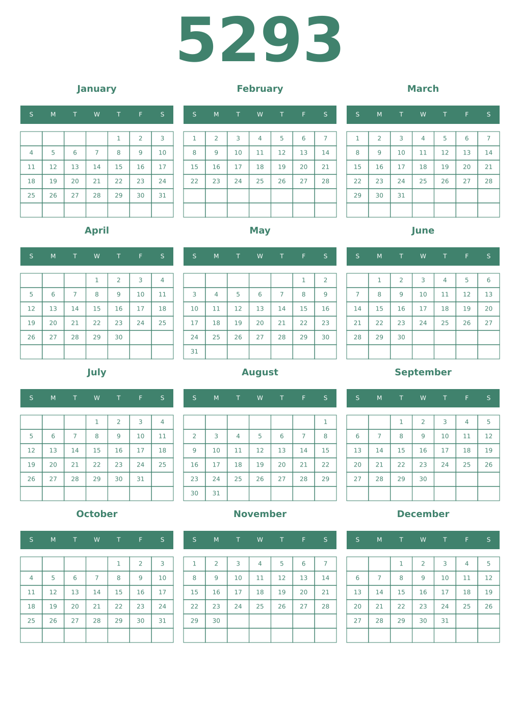 Printable 5293 Year Calendars viridian