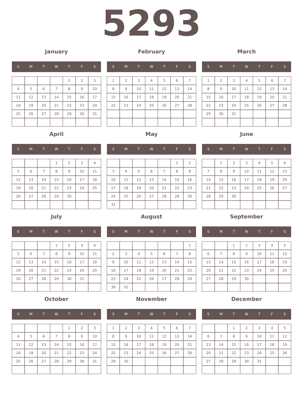 Printable 5293 Year Calendars wenge