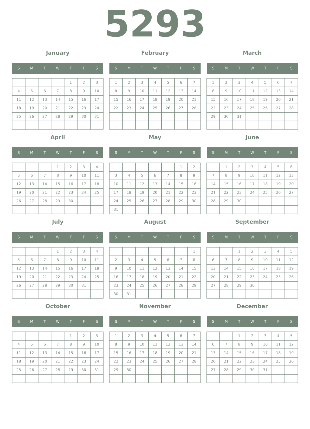 Printable 5293 Year Calendars xanadu