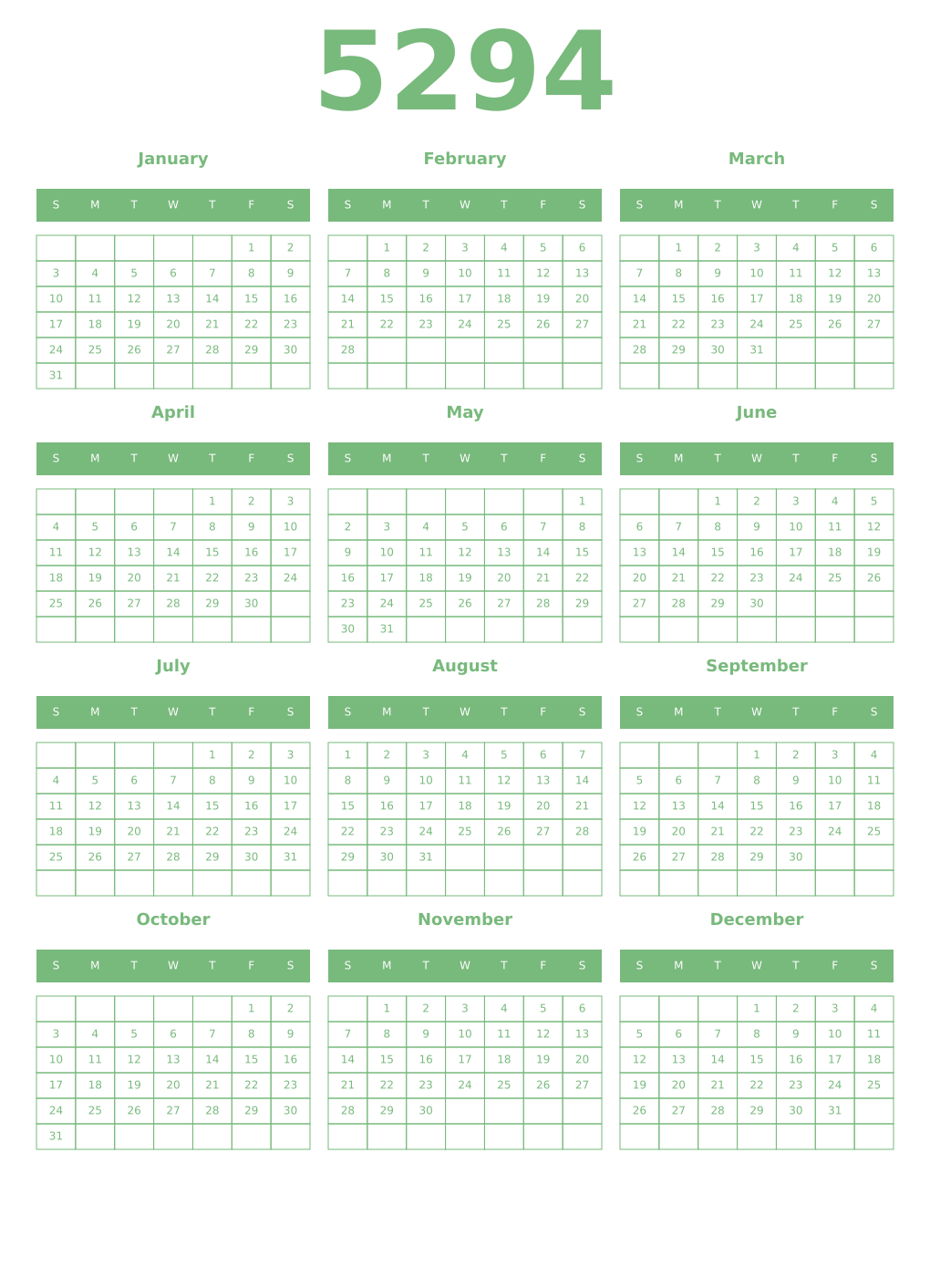 Printable 5294 Year Calendars celadon