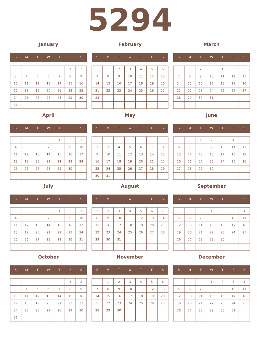 Printable 5294 Year Calendars coffe