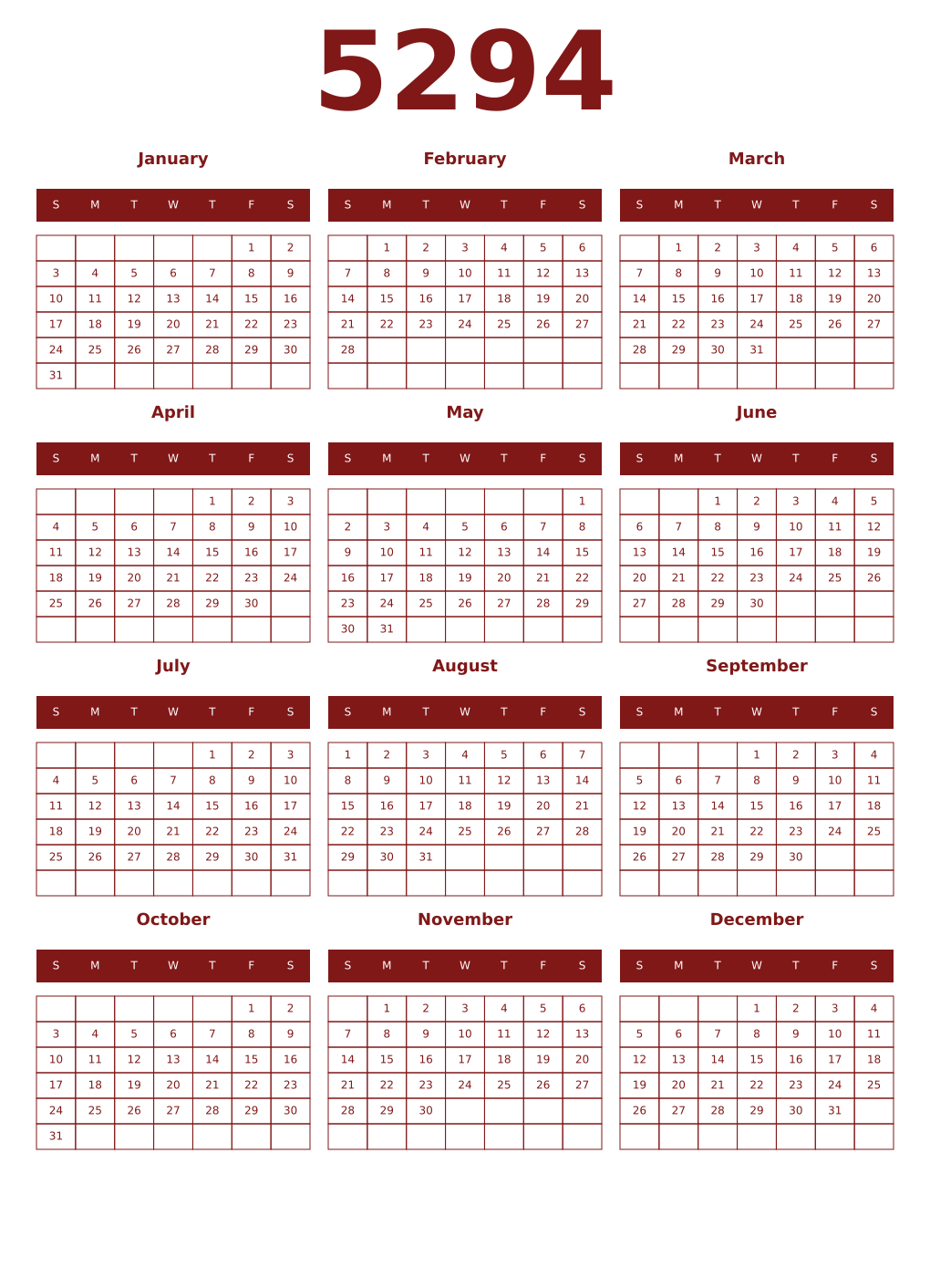 Printable 5294 Year Calendars falu
