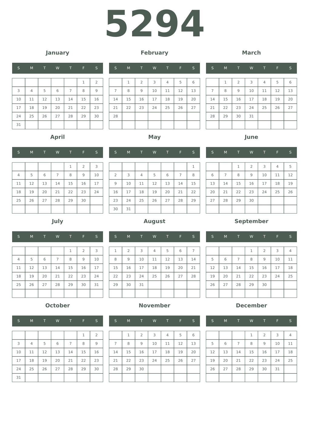 Printable 5294 Year Calendars feldgrau