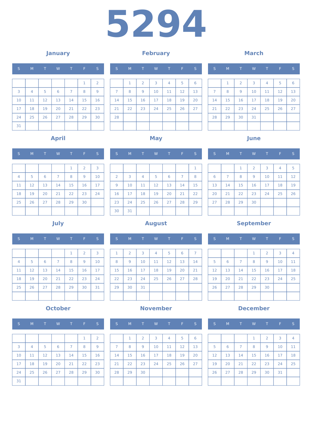 Printable 5294 Year Calendars glaucous