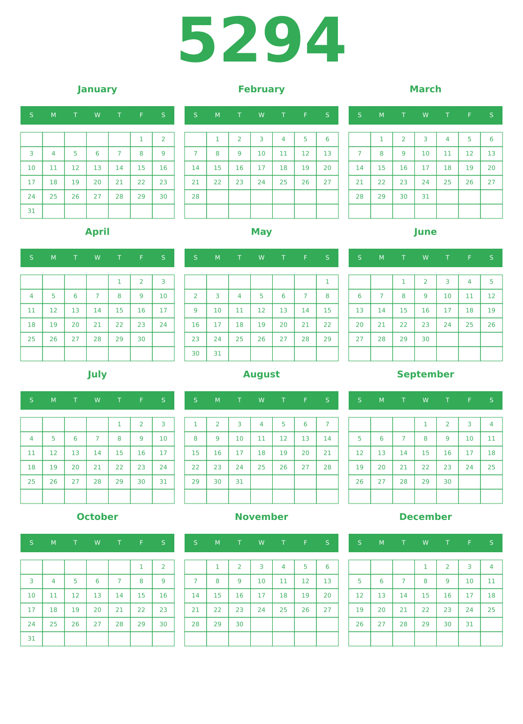 Printable 5294 Year Calendars green