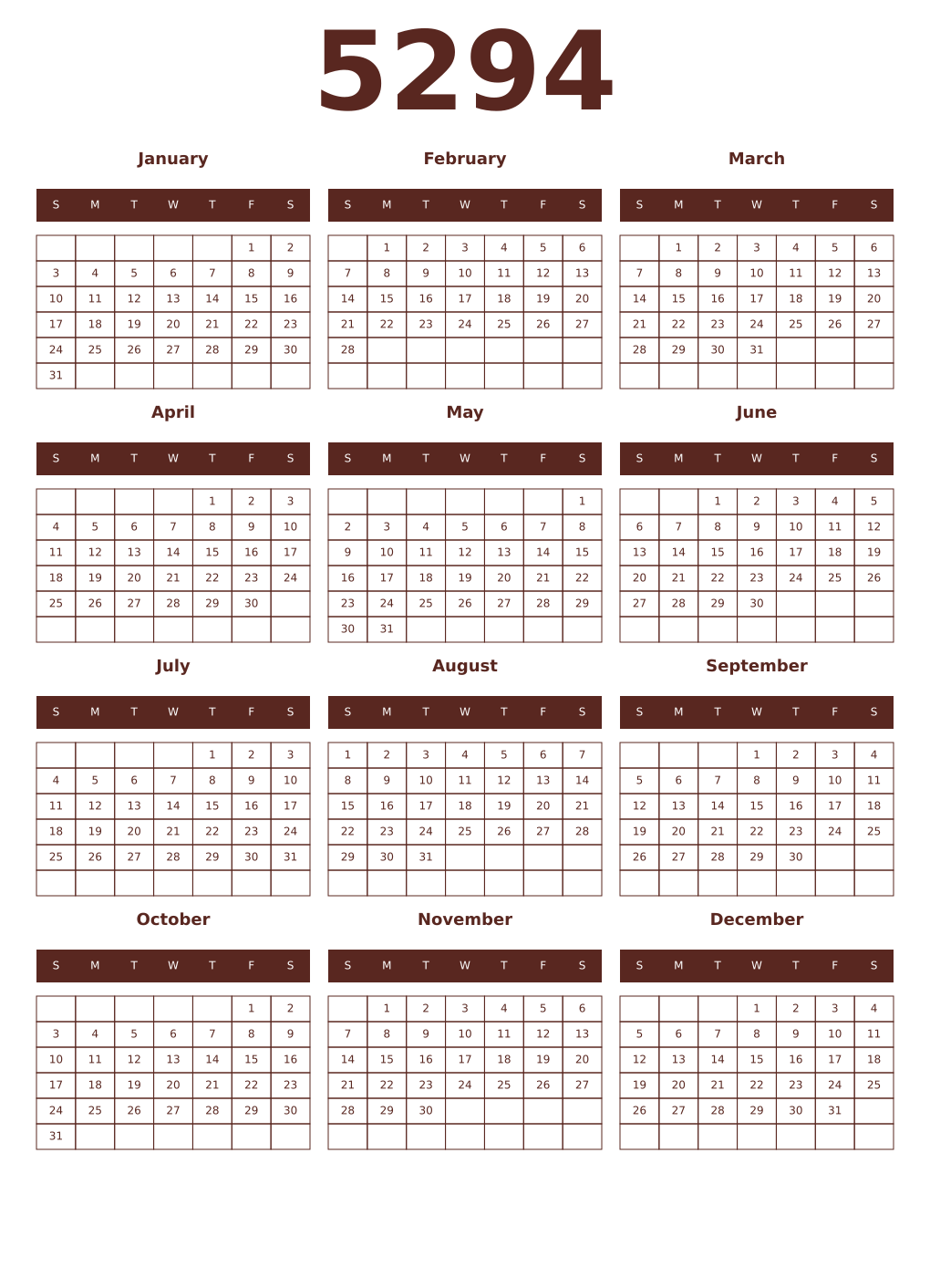 Printable 5294 Year Calendars mortuum