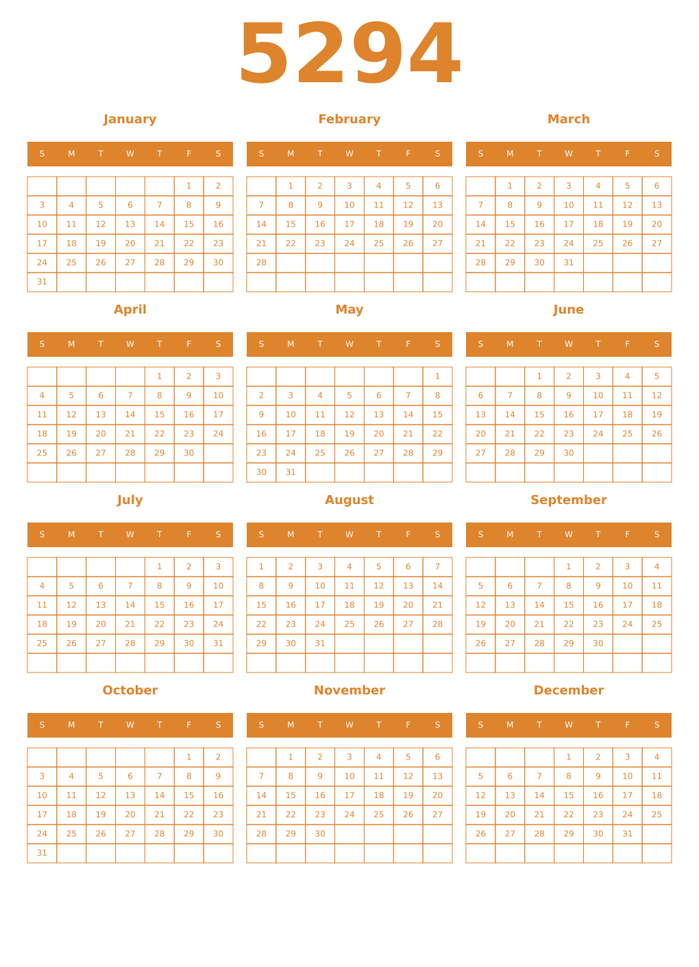 Printable 5294 Year Calendars orange