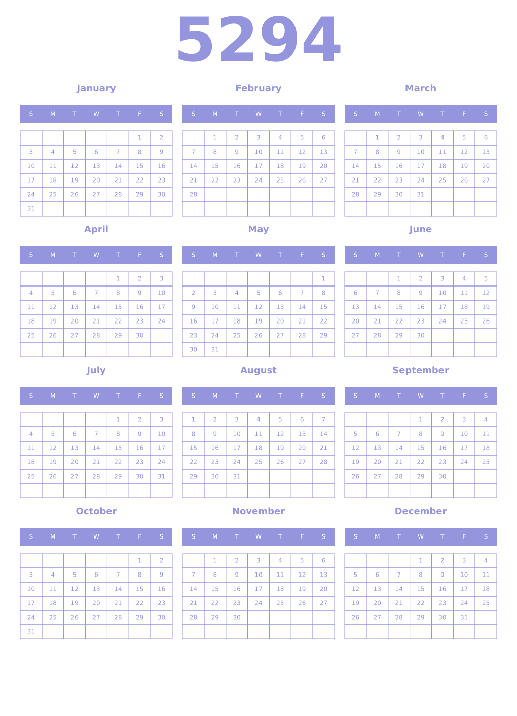 Printable 5294 Year Calendars periwinkle