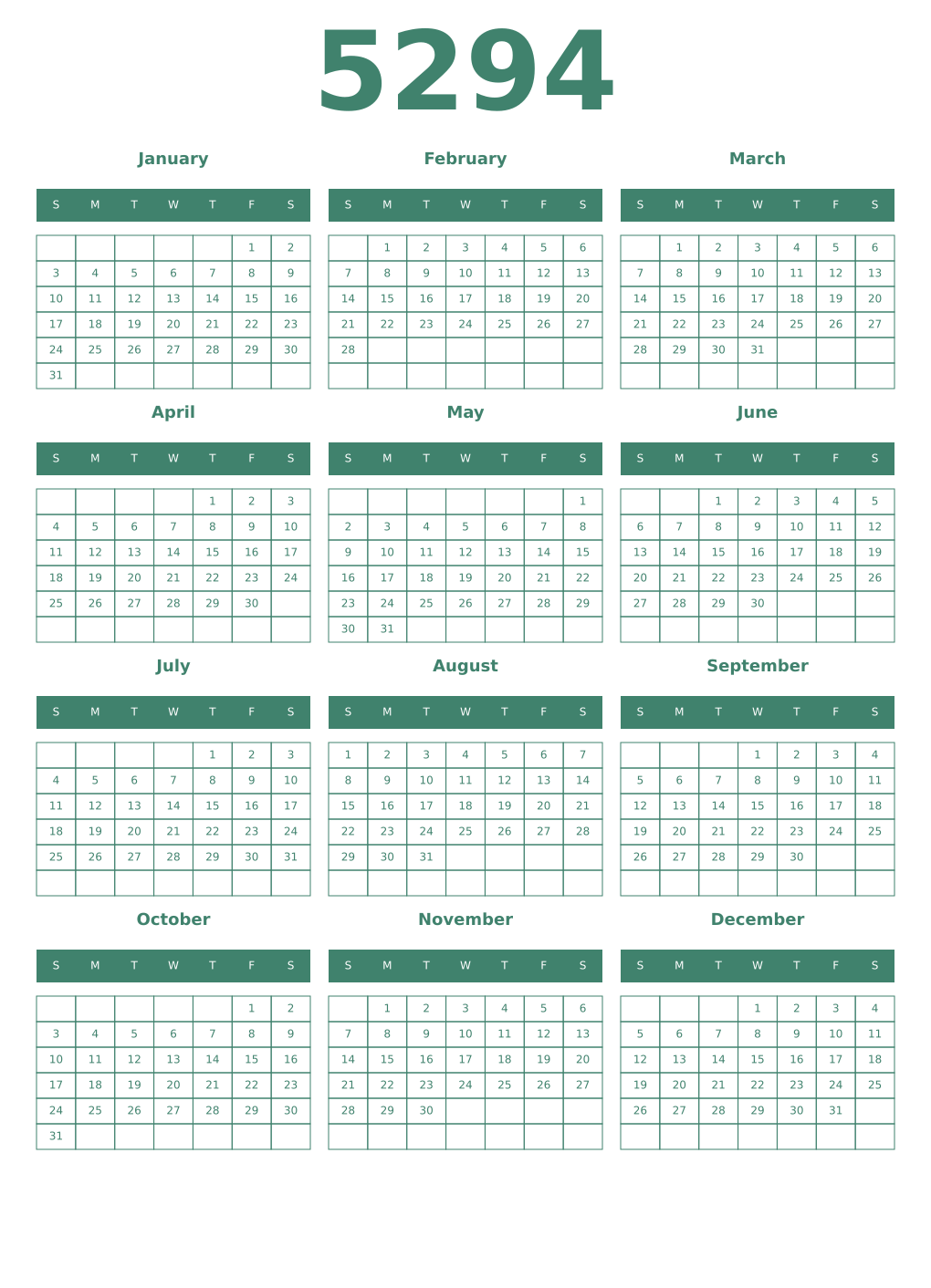 Printable 5294 Year Calendars viridian