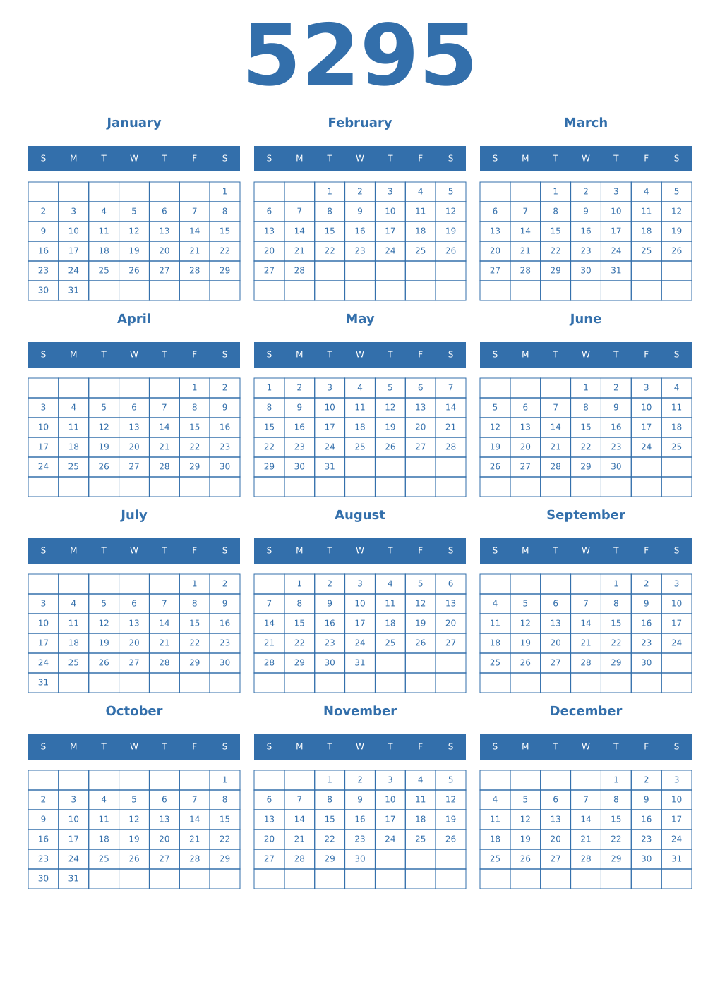 Printable 5295 Year Calendars blue