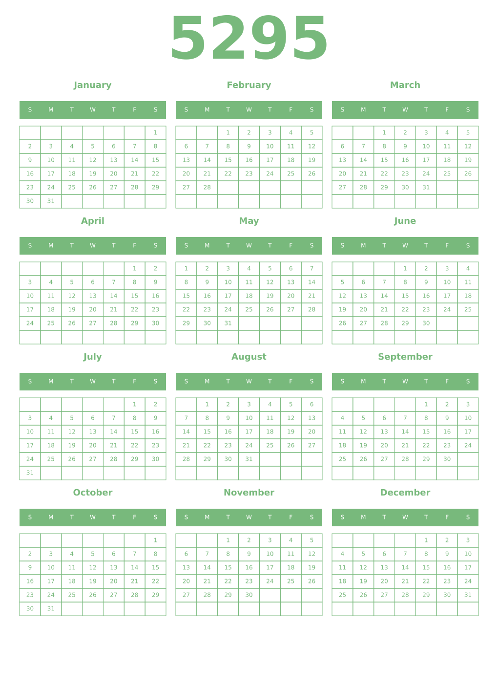 Printable 5295 Year Calendars celadon