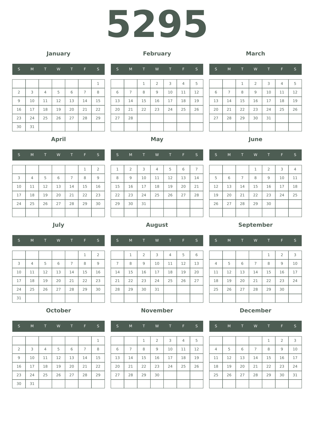 Printable 5295 Year Calendars feldgrau