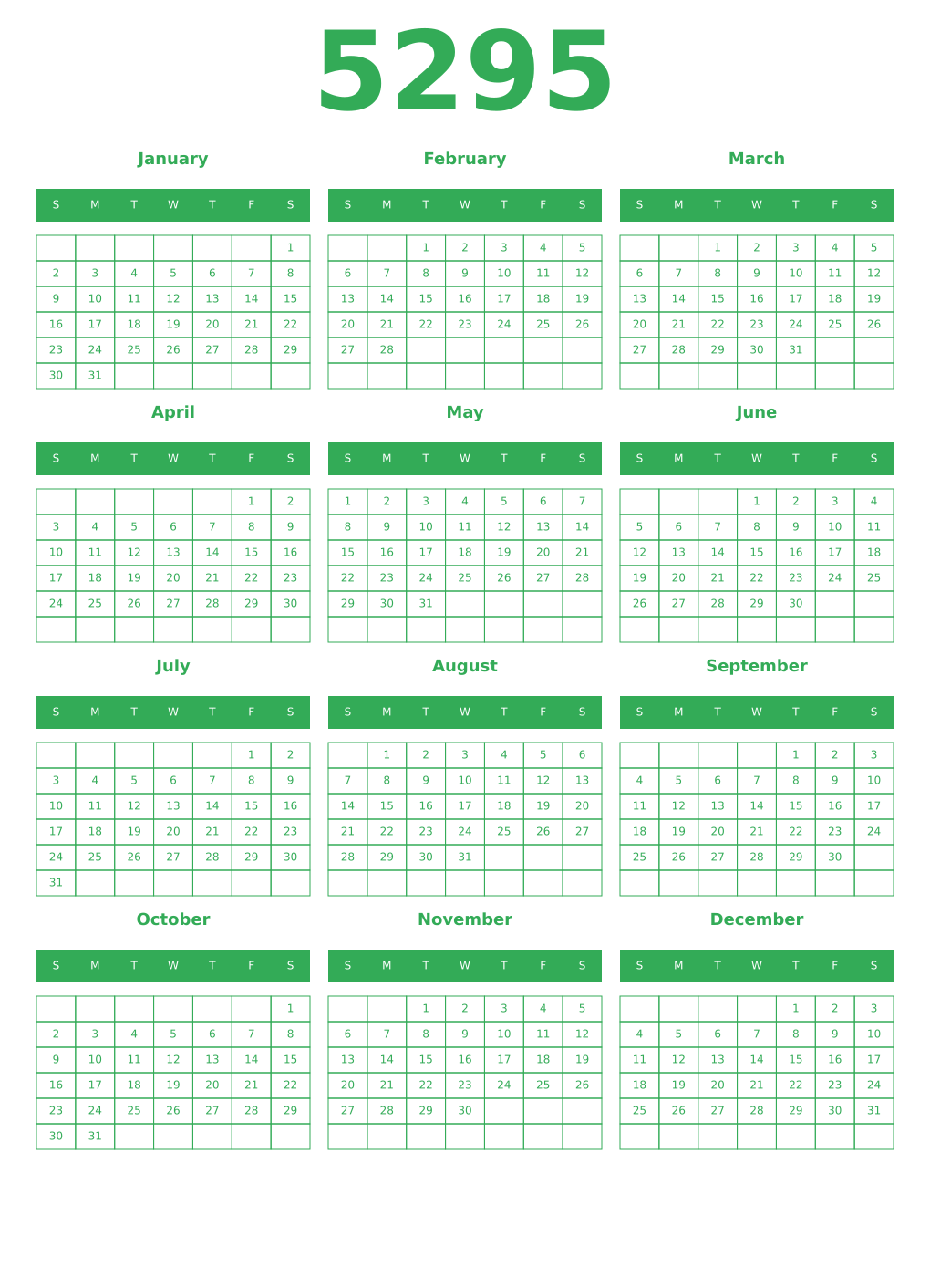 Printable 5295 Year Calendars green