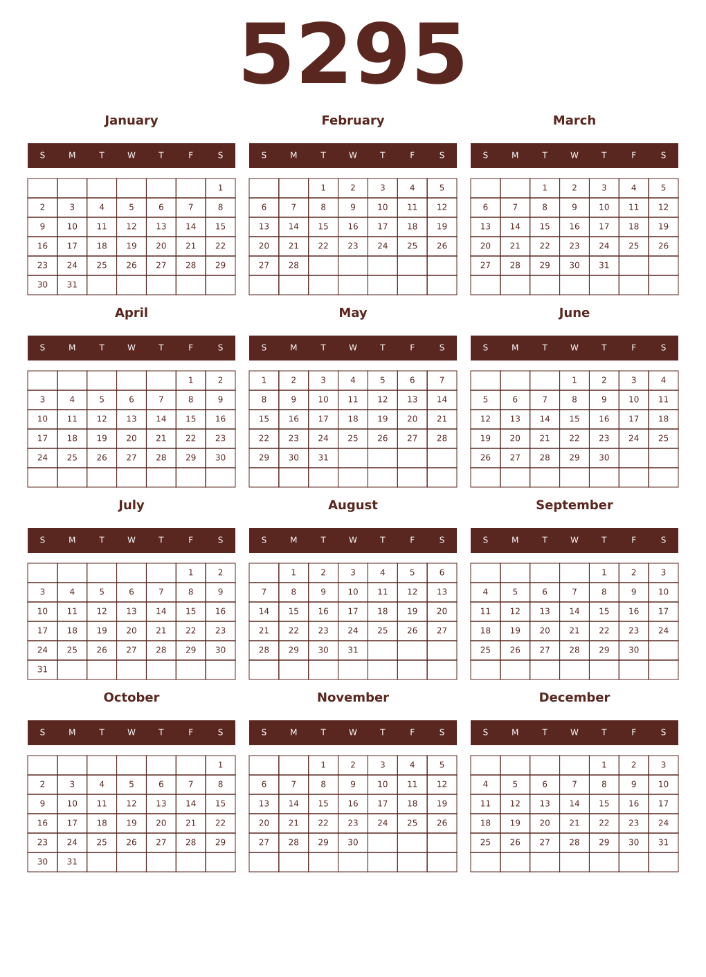 Printable 5295 Year Calendars mortuum