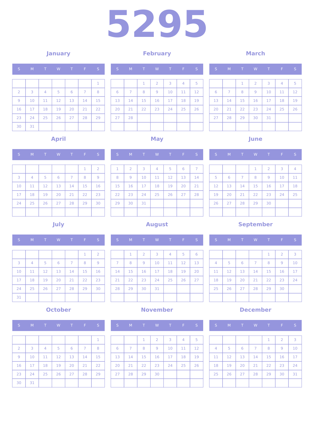 Printable 5295 Year Calendars periwinkle