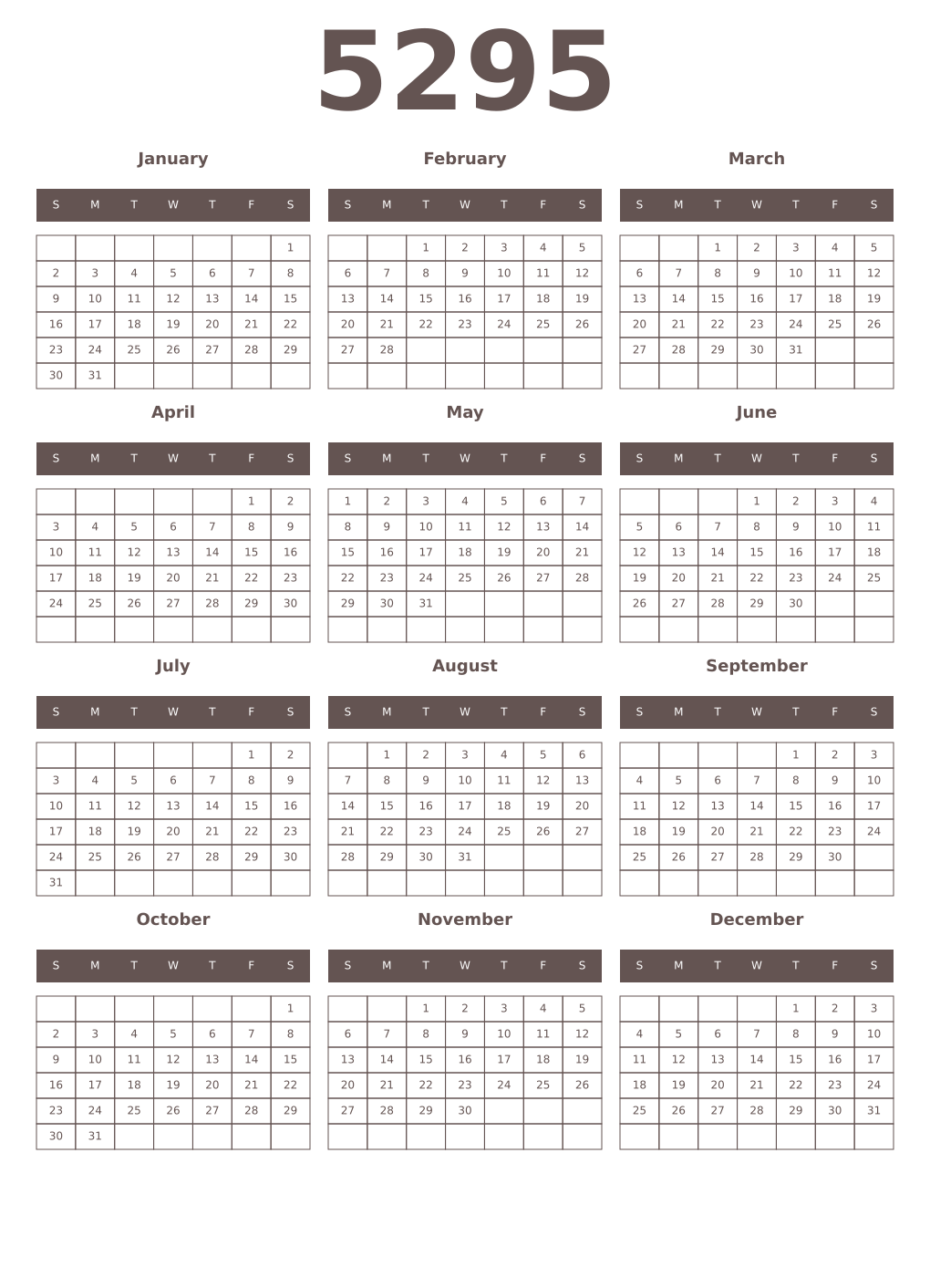 Printable 5295 Year Calendars wenge