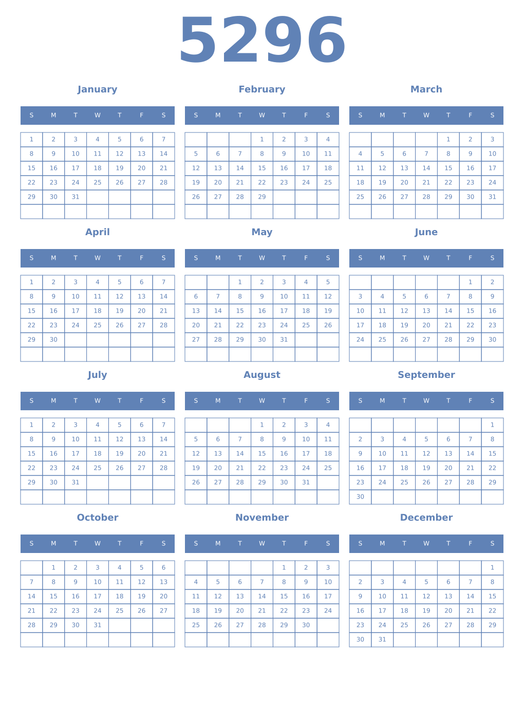 Printable 5296 Year Calendars glaucous