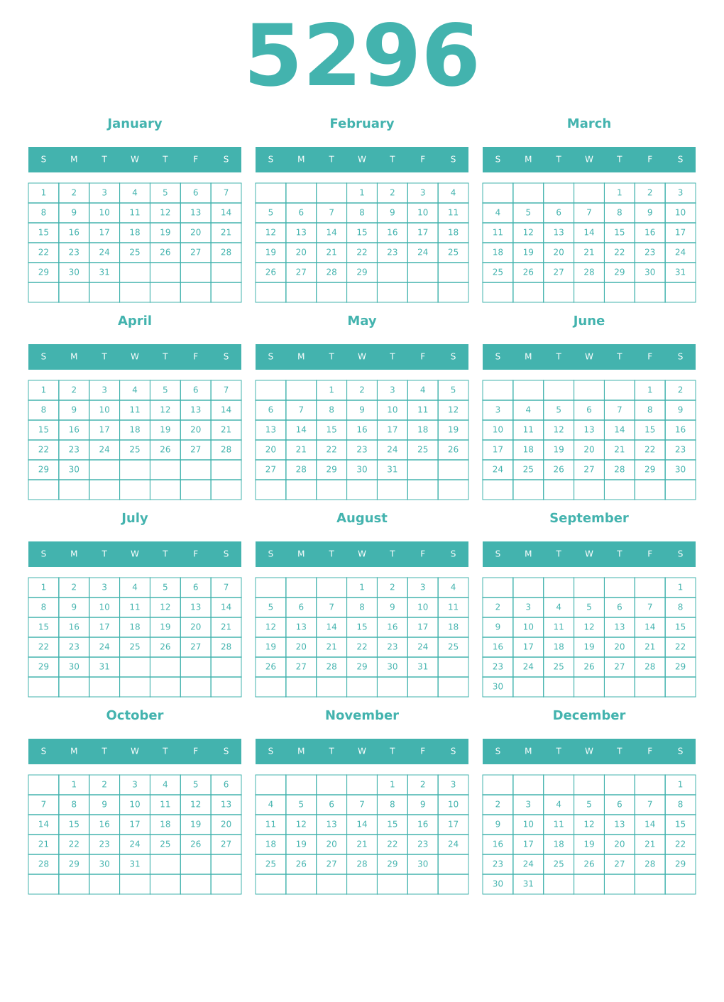 Printable 5296 Year Calendars verdigris