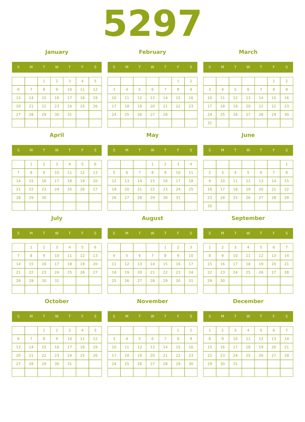 Printable 5297 Year Calendars chartreuse