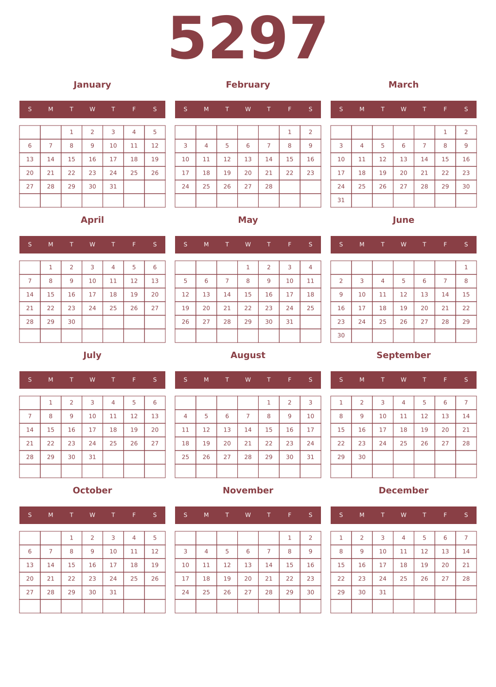 Printable 5297 Year Calendars cordovan