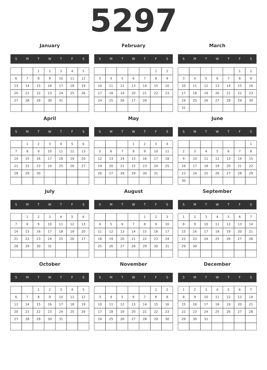 Printable 5297 Year Calendars dark