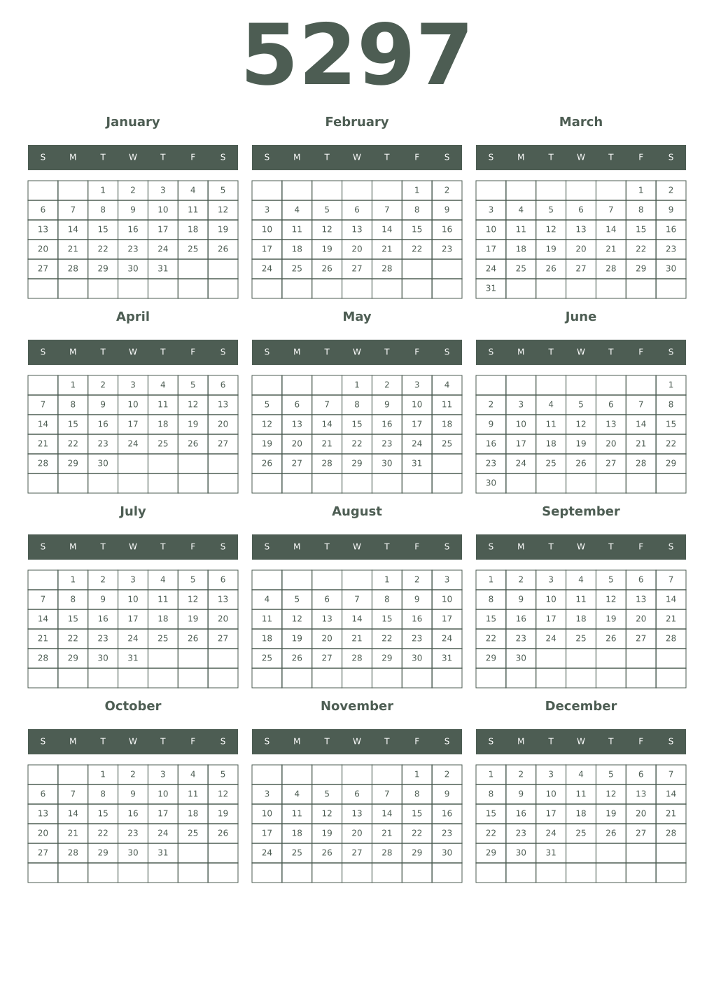 Printable 5297 Year Calendars feldgrau