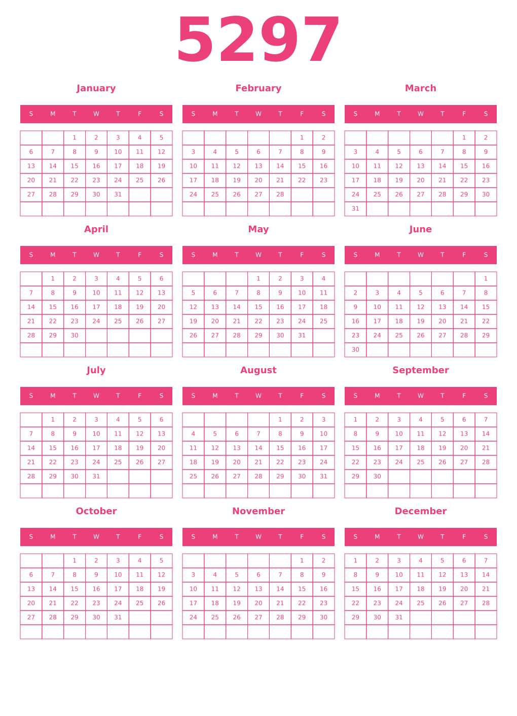 Printable 5297 Year Calendars pink