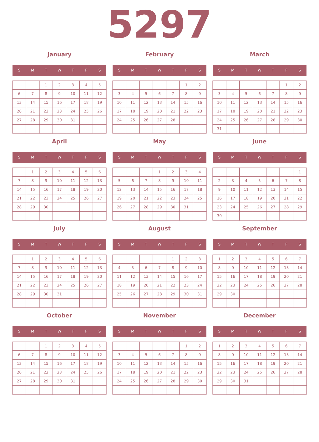 Printable 5297 Year Calendars puce