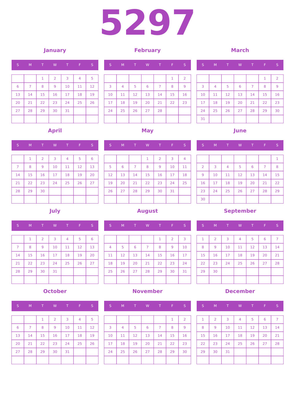 Printable 5297 Year Calendars purple