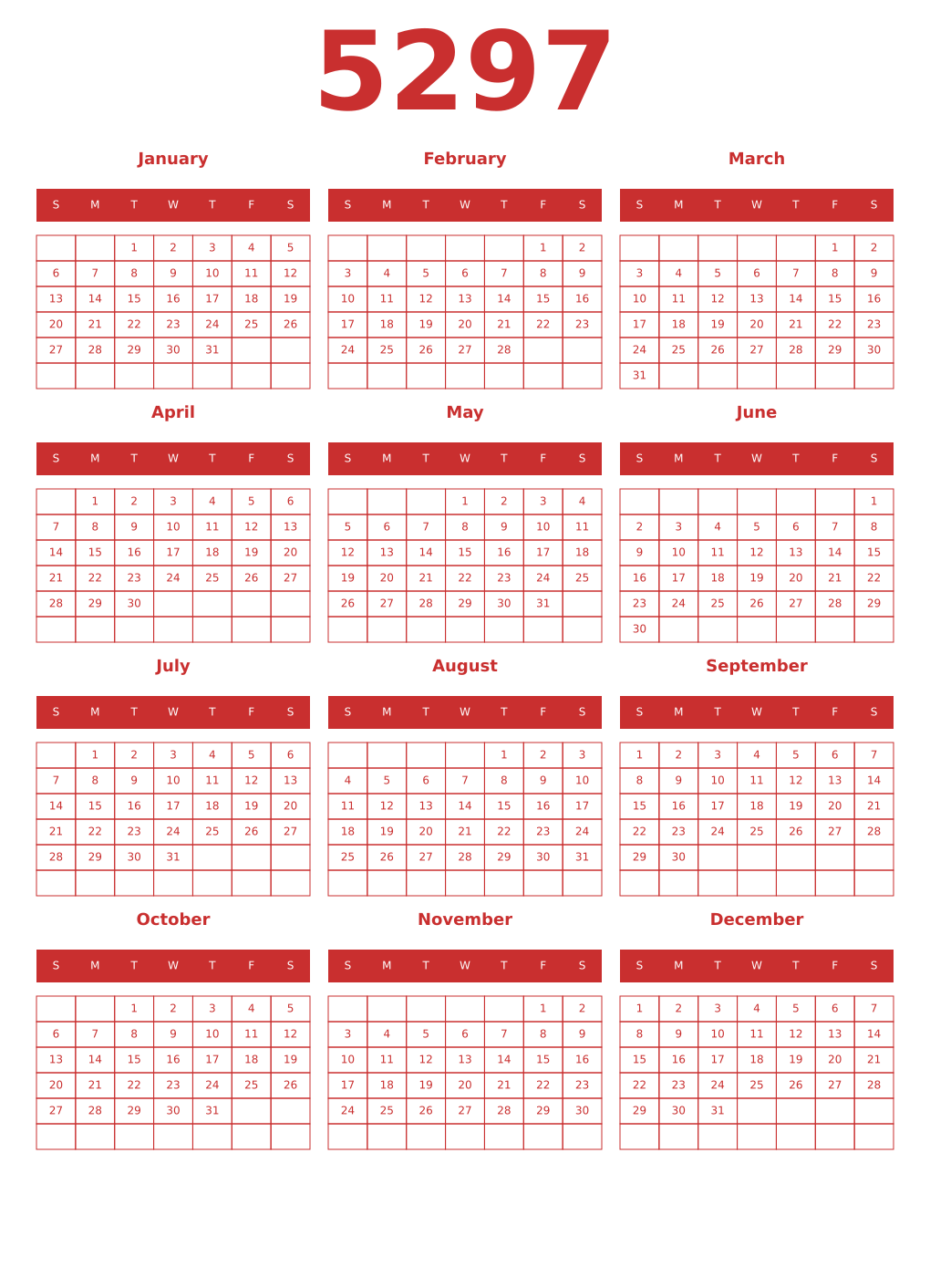 Printable 5297 Year Calendars red
