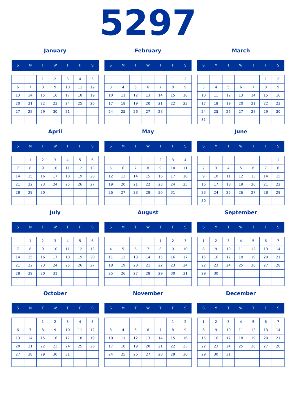 Printable 5297 Year Calendars smalt