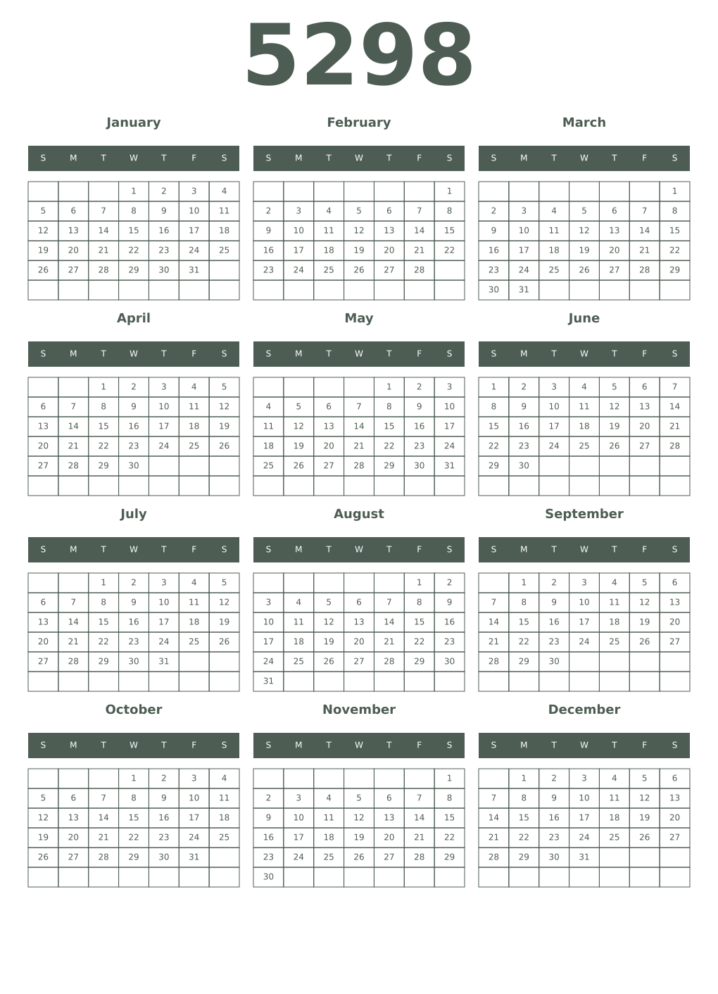 Printable 5298 Year Calendars feldgrau