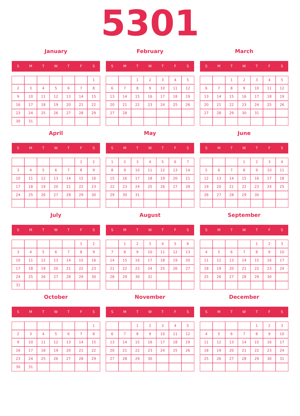 Printable 5301 Year Calendars amaranth