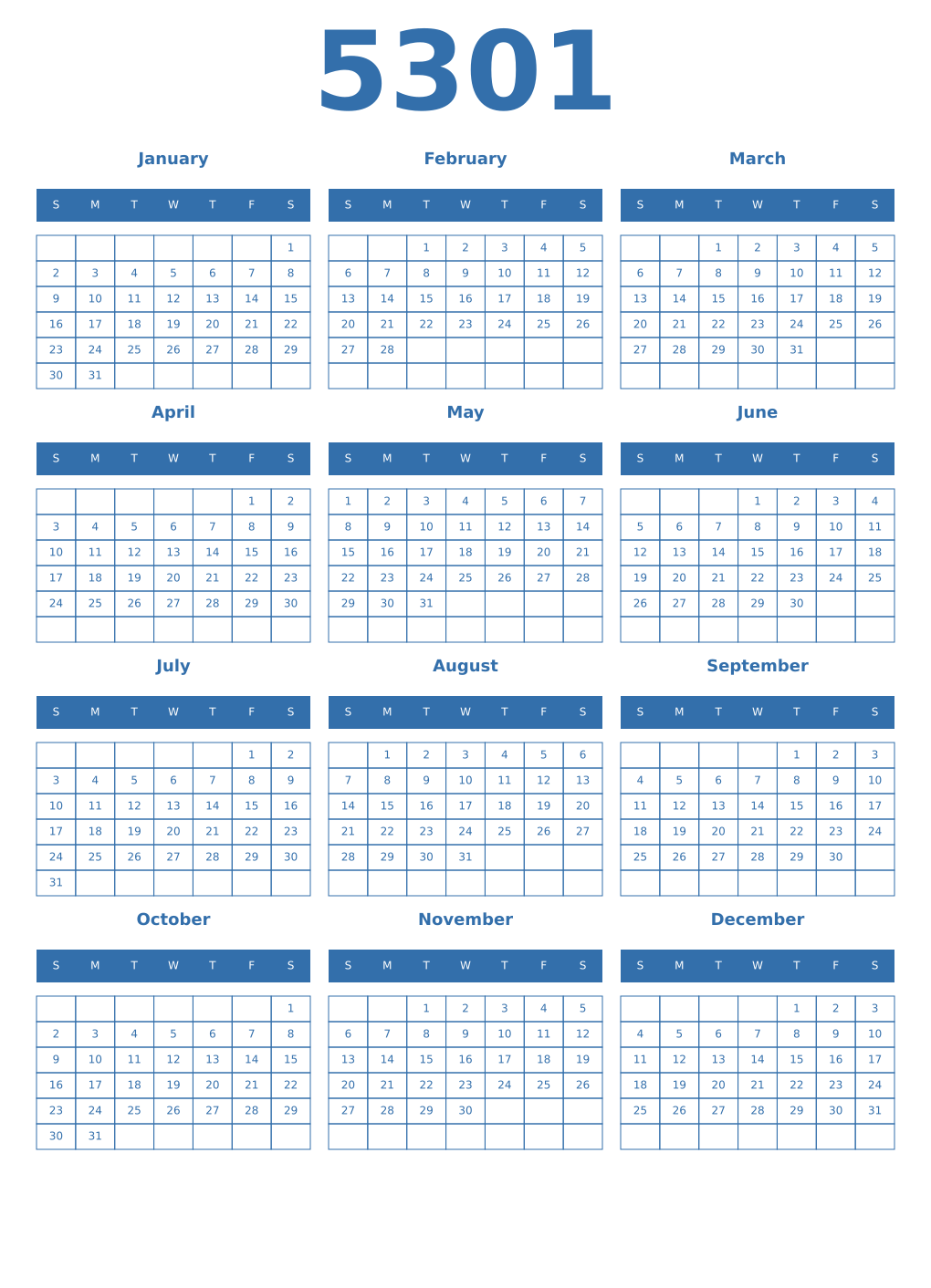 Printable 5301 Year Calendars blue