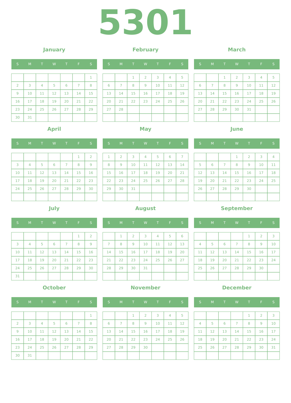 Printable 5301 Year Calendars celadon
