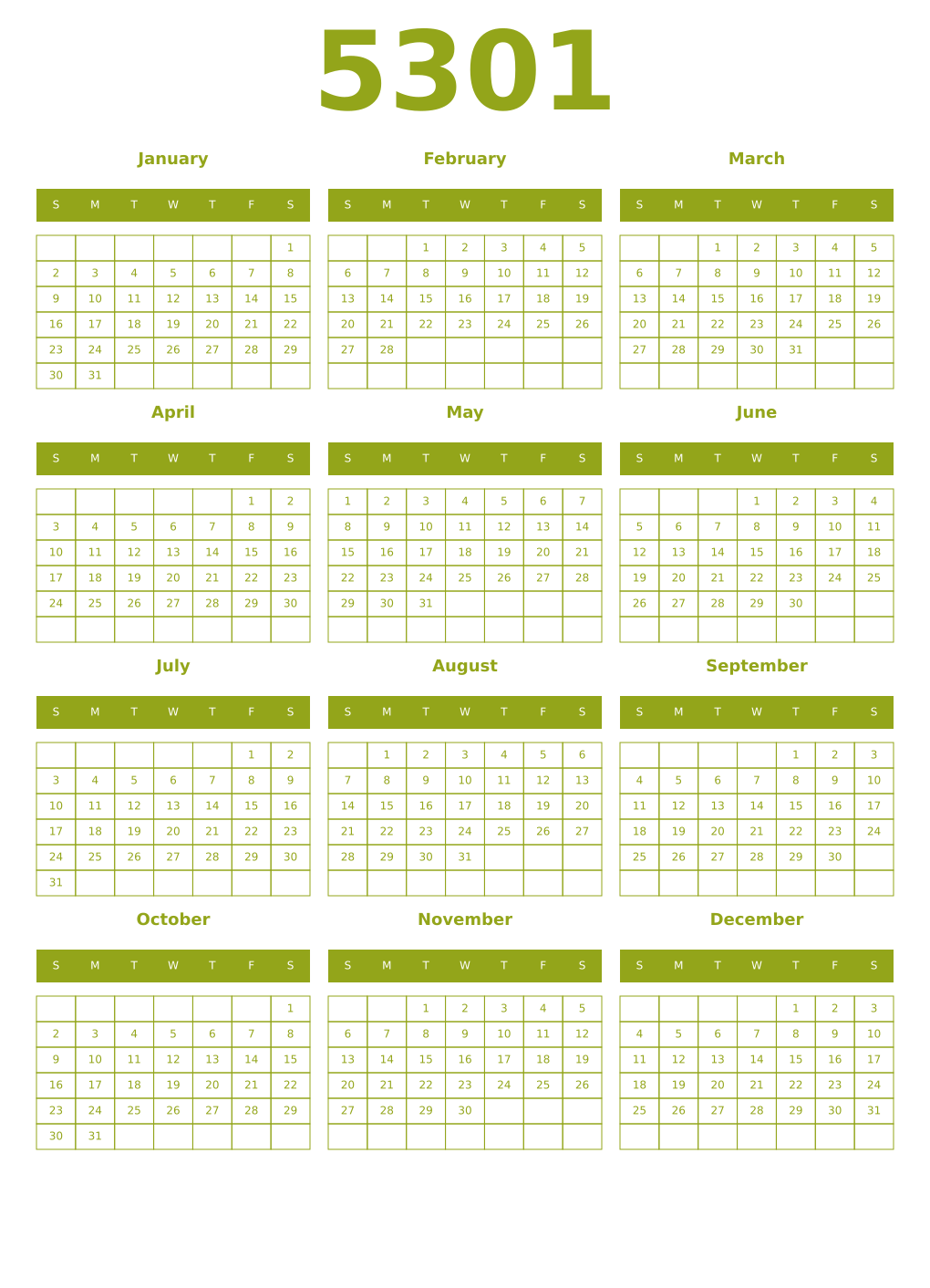 Printable 5301 Year Calendars chartreuse