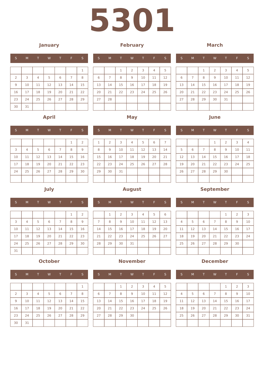 Printable 5301 Year Calendars coffe