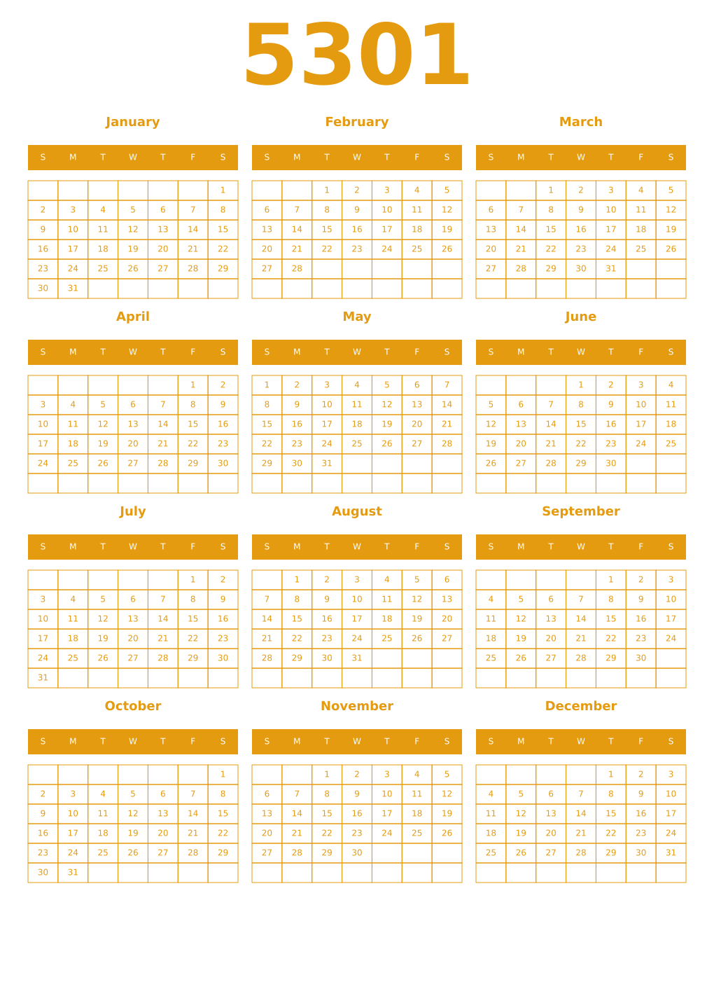 Printable 5301 Year Calendars gamboge