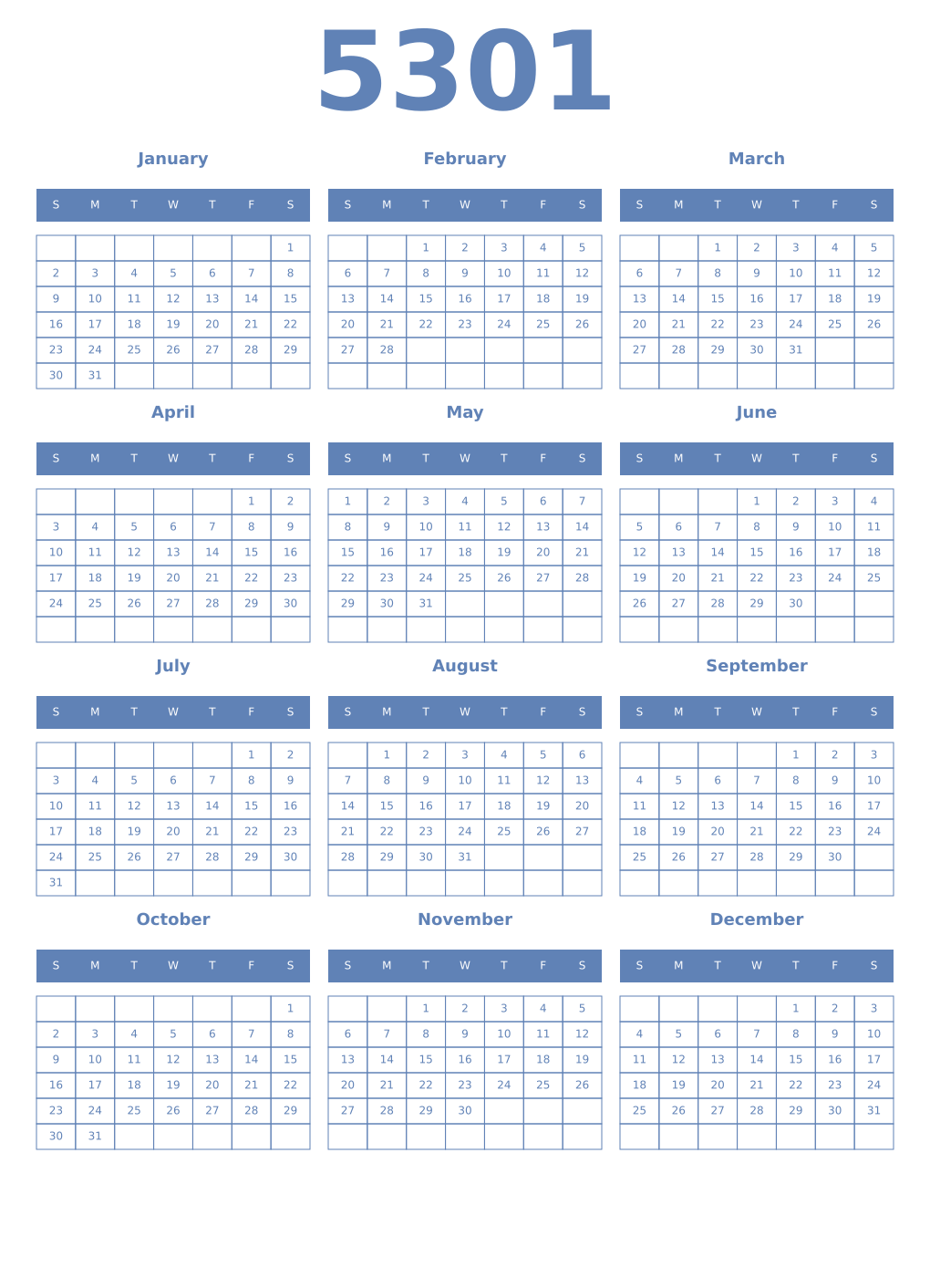 Printable 5301 Year Calendars glaucous
